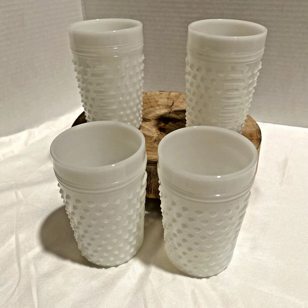 Vintage Anchor Hocking Milk Glass Hobnail Tumblers 4.25" Juice Glasses Set of 4